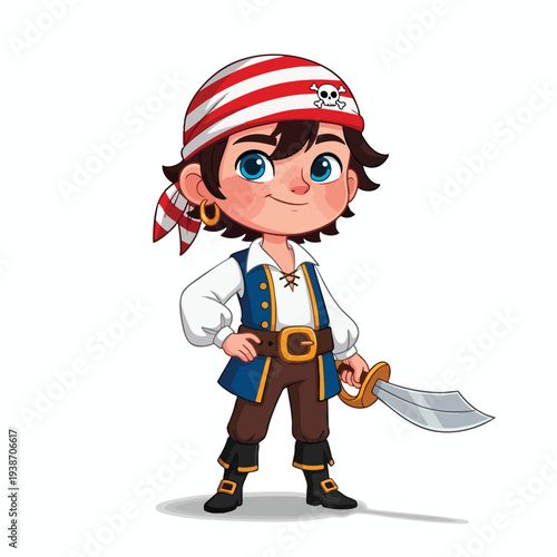 Cartoon Pirate Girl with Eye Patch and Sword for Adventure Theme