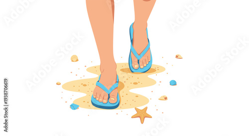 A person's two legs and feet, wearing blue flip-flops, walk along a narrow sandy path adorned with seashells and a starfish on a white background.