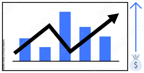 Financial analysis, business success, profit growth, investment trends, economic performance, market insights. Bar chart with ascending arrow and money bag symbol. Financial analysis and business