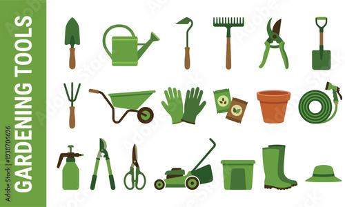 A vibrant collection of essential green gardening tools, equipment, and supplies for tending to plants, cultivating, and maintaining a beautiful outdoor garden.