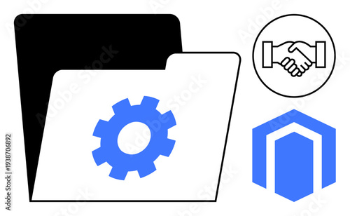 File management concept. File management with gear symbol, handshake for collaboration, and shield for security. File management ensures organization, collaboration, and data protection