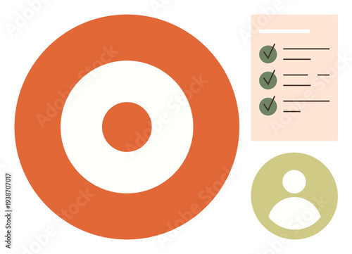 Goal setting, productivity, task management, personal achievement, organization, project planning. Bold target, checklist with checkmarks and user symbol. Goal setting and productivity concept