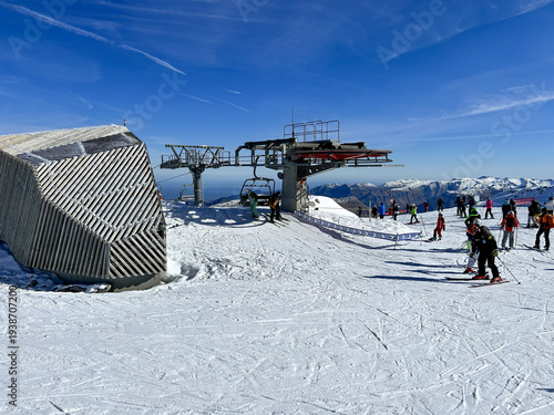 La Pierre Saint Martin, France - March 1, 2026. A ski resort on a snow-covered mountain. The chairlift system where skiers arrive or depart to access the slopes is visible.