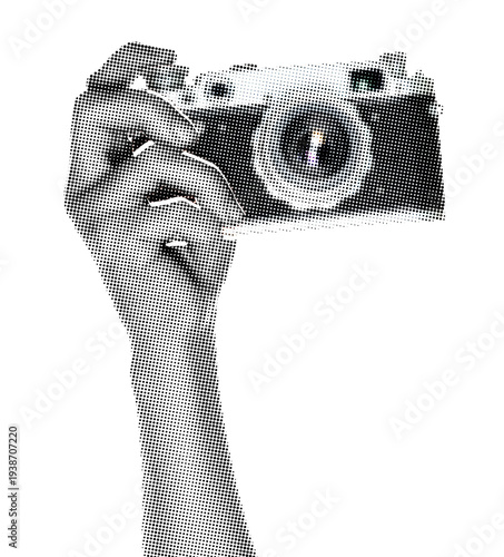 Hand holding a vintage retro camera isolated on transparent background with newspaper print texture. Concept of analog photography, classic technology and nostalgic media style
