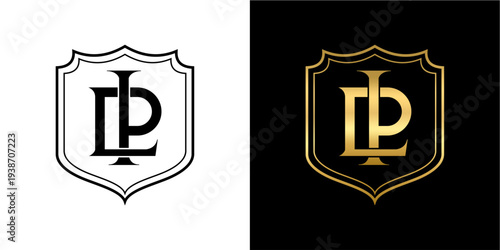 A sophisticated shield-shaped emblem featuring the intertwined letters 'LP' as a monogram. Presented in both a classic black and white version and a luxurious gold on black variant, ideal for branding