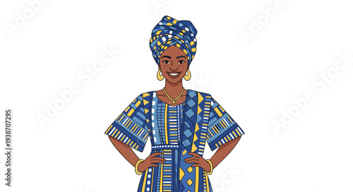 A smiling Black woman with gold jewelry and a blue and yellow patterned African dress stands with hands on her hips.