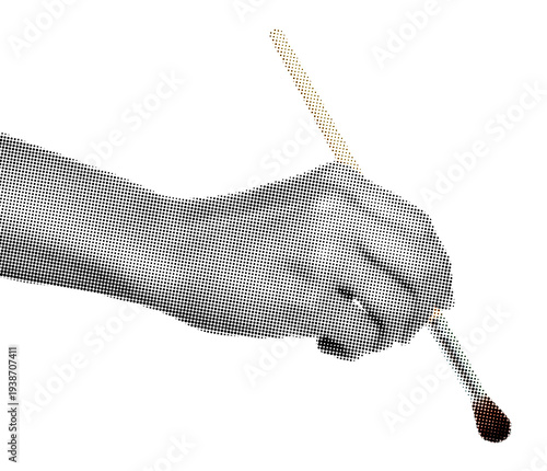 Hand holding a paintbrush like drawing, isolated on transparent background with vintage newspaper print texture. Concept of art, creativity and retro print media style