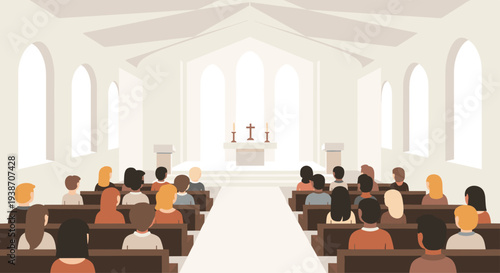 A diverse congregation of people is sitting in dark wooden pews, facing an altar with two candles and a cross inside a brightly lit church.