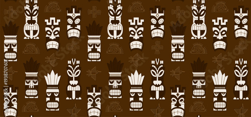 Seamless tribal mayan motif pattern. Old school pattern design. Hand draw mayan mask face background