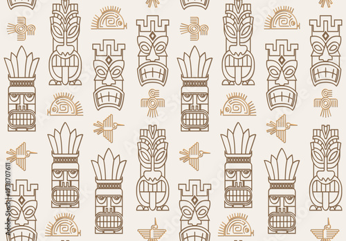 Seamless tribal mayan motif pattern. Old school pattern design. Hand draw mayan mask face background