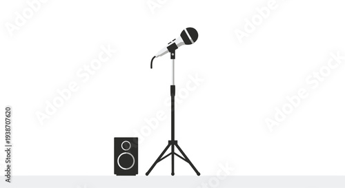 A classic black and white microphone stands on a tripod base next to a compact dark grey speaker box, positioned centrally on a light grey surface against a clean white background.