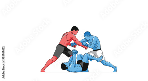 Three muscular mixed martial arts fighters are actively engaged in a ground and pound scenario, with one red and two blue opponents in a dynamic struggle on a simple white mat.