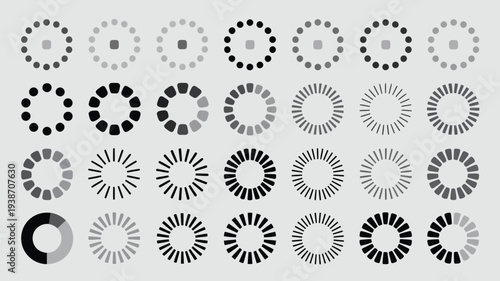Various circular loading icons and progress bars isolated on white background