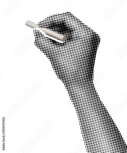 Hand holding a piece of chalk writing, isolated on transparent background with vintage newspaper print texture. Concept of education, teaching, learning and retro media style