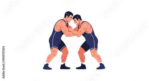 Two powerfully built male wrestlers, both clad in matching dark blue singlets, are engaged in a close-quarters grappling hold, facing each other directly on a stark white backdrop.