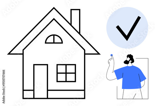 Home ownership, security, real estate, property management, online verification, safety assurance. Minimalist house illustration with a man holding a key and a verification check mark. Real estate