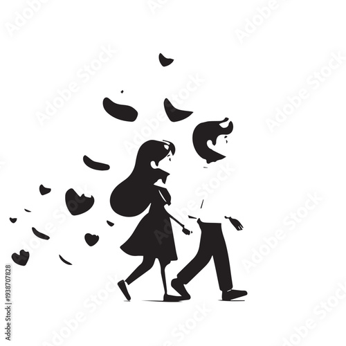 Silhouetted couple walking hand in hand with floating hearts.