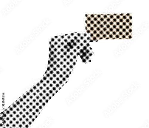 Hand holding a blank kraft business card isolated on transparent background with vintage newspaper print texture. Concept of branding, business communication and retro print style