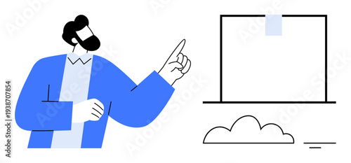 Technology concept. A man gestures towards a virtual screen with a cloud symbol, signifying technology interaction and digital cloud-based services. Perfect for tech, education, cloud computing