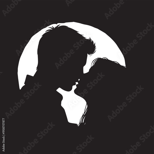 Silhouetted couple kissing under a moonlit backdrop, romantic silhouette scene.