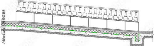 Technical architectural cross-section showing a balustrade railing with classic balusters on top of a layered wall structure, featuring green highlighted drainage or waterproofing lines and a gutter d