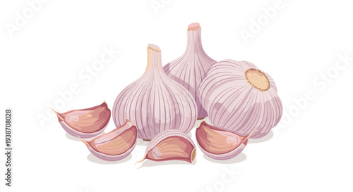 A small group of three whole garlic bulbs and five loose cloves with pinkish-purple skins is arranged on a clean white background.