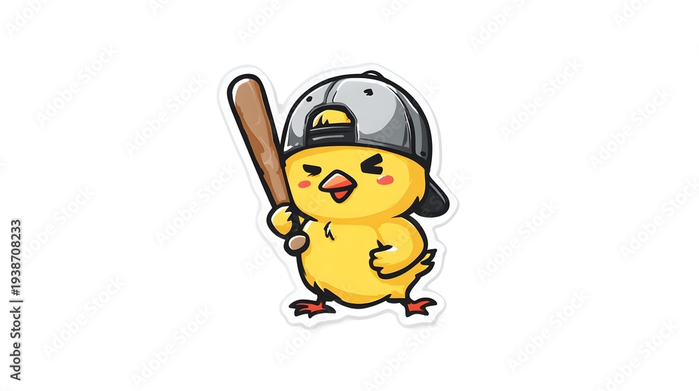 Naklejka premium Cute Cartoon Chick Character Holding a Baseball Bat Ready to Play.