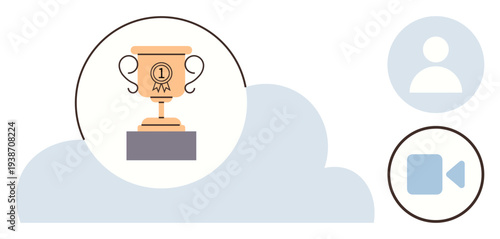 Online success, remote competition, achievement, digital recognition, communication, virtual teamwork. Trophy on a cloud with user and video camera symbols. Online success and remote competition