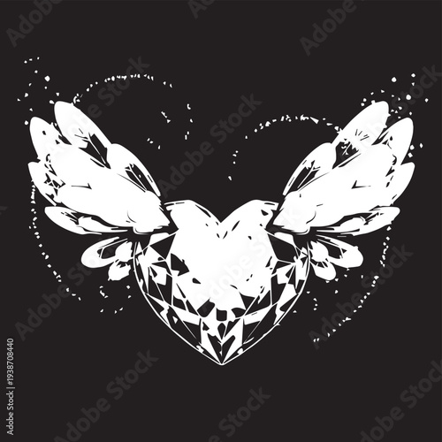 Geometric winged heart artwork with crystalline silhouette on black background.