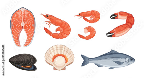 A diverse assortment of eight distinct seafood items, including salmon, shrimp, crab, mussels, scallops, and a whole fish, is neatly arranged on a pristine white background.