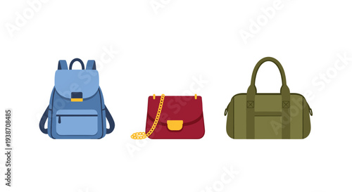 Three distinct types of bags, specifically a blue backpack, a red shoulder bag, and an olive green duffel bag, are horizontally arranged on a pristine white background.