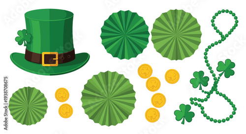 A vibrant assortment of St. Patrick's Day decorations, featuring a green top hat, paper fans, gold coins, and beaded necklaces, is neatly displayed on a white surface.