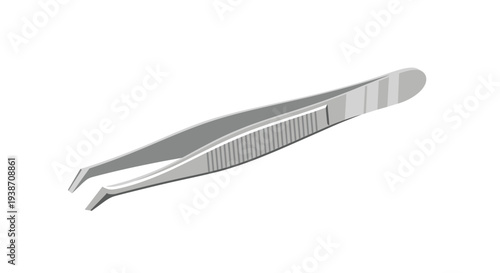 A solitary, polished silver pair of straight-tip tweezers featuring a textured handle is carefully placed diagonally on a bright white surface.