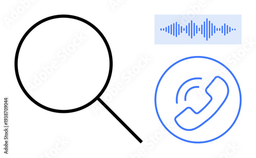 Communication concepts. Communication tools with a magnifying glass, sound waveform, and phone icon. Communication enables connectivity, exploration, and interaction in various fields. Suitable