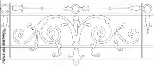 Ornate decorative panel featuring elaborate scrollwork patterns with symmetrical swirling motifs, central finial element and horizontal rails in line art style.