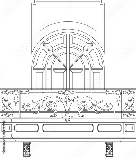 Technical architectural elevation showing ornate balcony with elaborate scrollwork balustrade, arched window feature above and classical supporting columns in line art style.