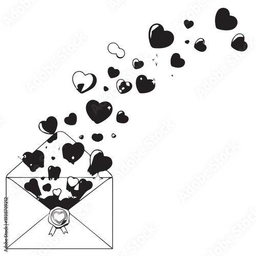 Whimsical envelope releasing love hearts into open space.