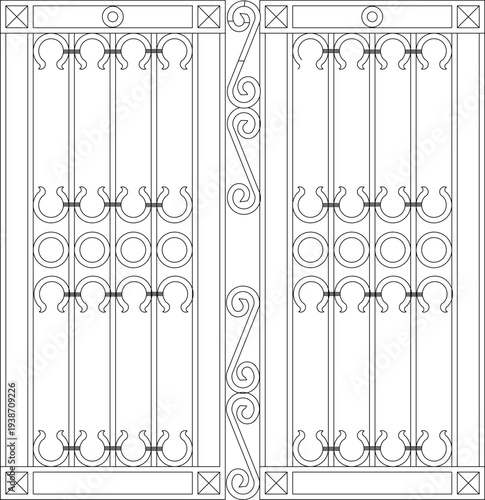Ornate decorative gate or door panels featuring symmetrical vertical bars with circular motifs, fleur-de-lis elements and central scrollwork band in line art style.