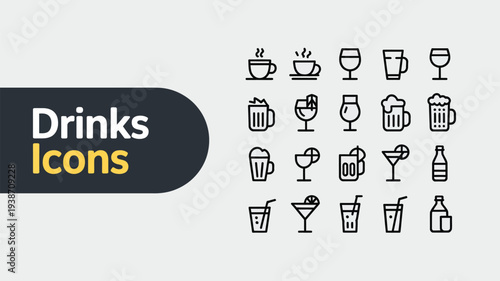 Modern set of flat drink and cafe icons isolated on white background