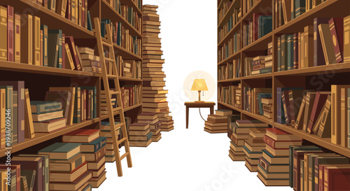 A pixel art illustration shows a vast library aisle with two tall wooden bookshelves overflowing with books and a glowing lamp on a table in the distance.