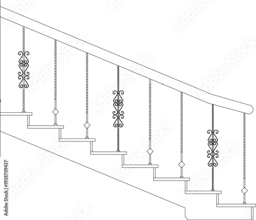 Technical drawing of staircase railing with ornate scrollwork balusters and twisted spindles, handrail and steps in black and white line art style.