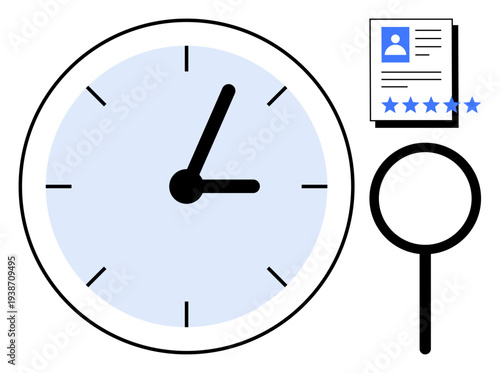 Clock, magnifying glass, and profile document with star ratings addressing analysis, assessment, and resource management. Ideal for productivity, recruitment, time tracking, performance review