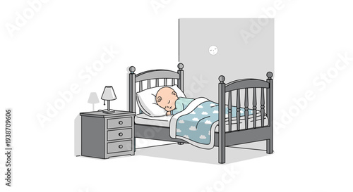 A baby is sleeping soundly in a gray wooden crib with a cloud-patterned blanket next to a nightstand with a lamp.