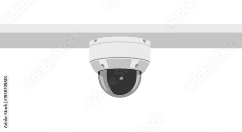 A modern, light gray dome security camera with a dark lens is securely mounted on a light gray ceiling beam against a plain white background.