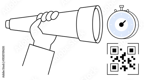 Search, exploration, technology, scanning, QR coding, tracking. A hand holds a telescope with a stopwatch and QR code nearby. Search and exploration concepts illustrated with a strong technology