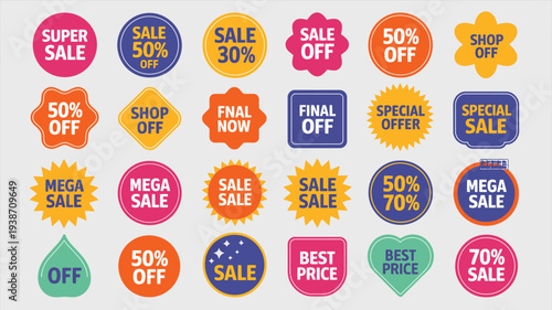 Set of colorful marketing promotion sale badges isolated on white background