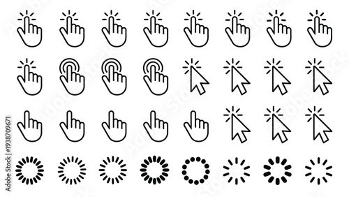 Set of cursor hand pointer and loader icons isolated on white background