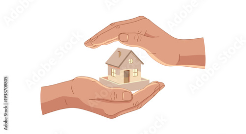 Two cupped hands gently cradle and protect a small, light brown miniature house with a beige roof and small windows.