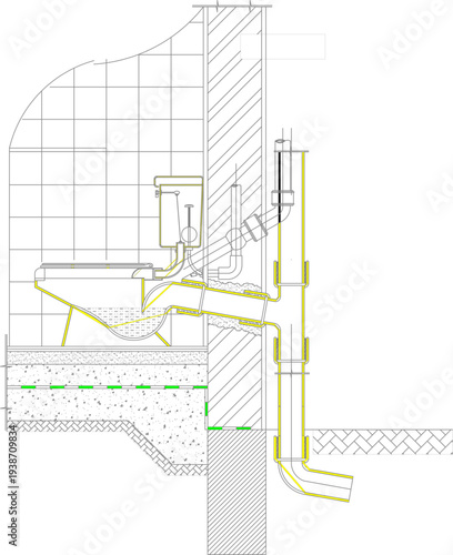 Technical plumbing cross-section showing bathroom toilet installation with drainage pipes, water supply system highlighted in yellow, wall tiles and foundation details.