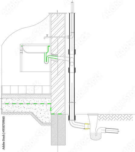 Technical plumbing cross-section drawing showing drainage system, pipes, water flow paths with green highlighted sections, wall structure and foundation details.